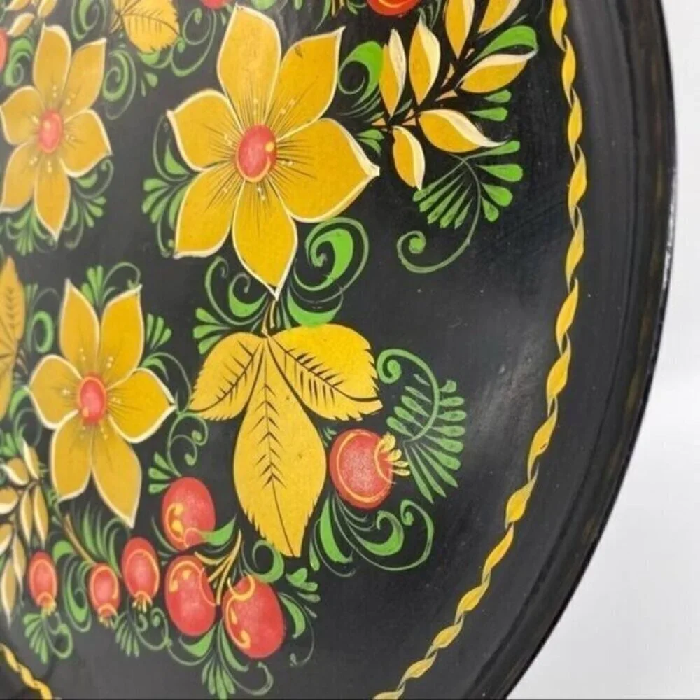 Vintage Russian Lacquerware Hand Painted Red and Gold Floral Plate
